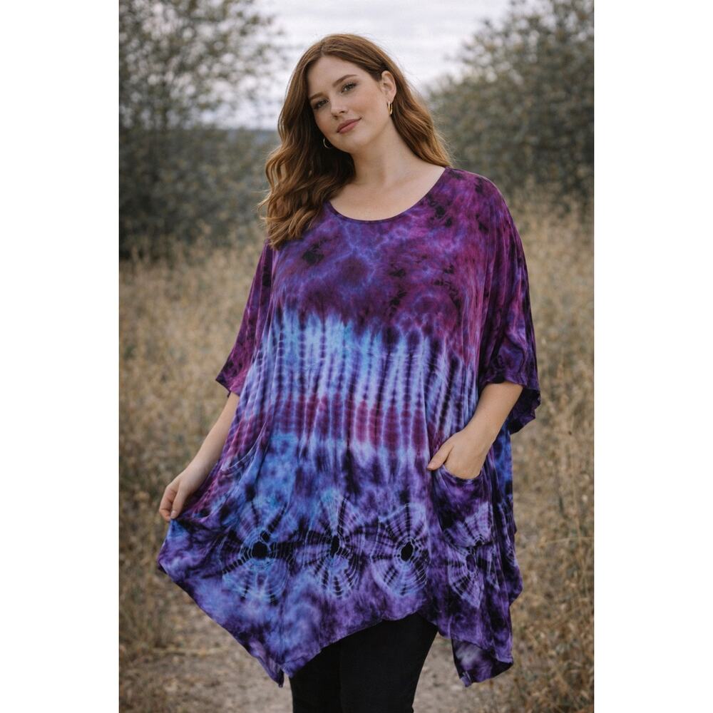 Advanced Apparel Lagenlook Tunic Top O/S Purple Tie Dye Boho Pockets Oversized